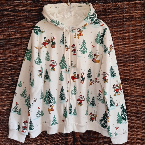 Disney Hoodie 1X Cream Zip Up Sweatshirt Mickey Donald Duck Chipmunks Christmas - Picture 1 of 9